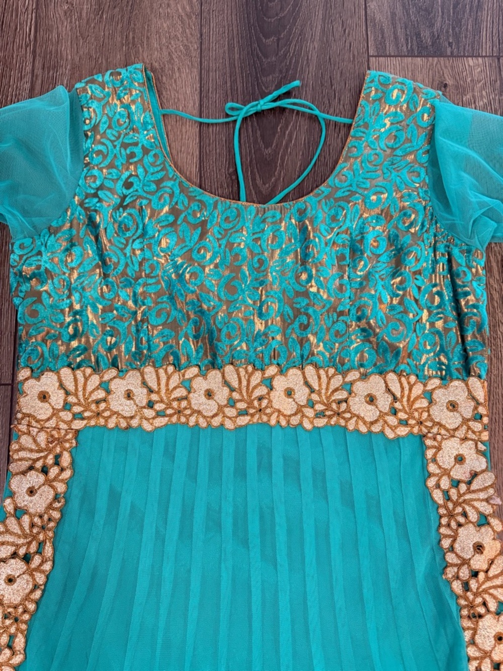 Turquoise Gold Anarkali Maxi Dress Indian Wedding Guest Bollywood Gown Medium - Picture 10 of 16